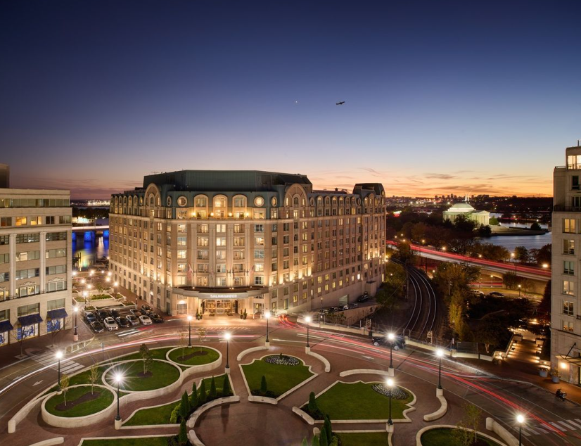 Nighttime, overhead shot of the Salamander Hotel in Washington, DC